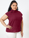 Color sólido cuello alto manga corta Plus Blusa con botones de tamaño para Mujer - Vino rojo