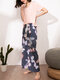 Women V-Neck Short Sleeve Floral Printed Pants Comfy Two Pieces Sleepwear - Gray