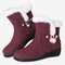 Women Winter Suede Warm Plush Lining Stitching Short Flat Boots - Wine Red