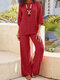 Solid 3/4 Sleeve Crew Neck Casual Two Pieces Suit - Red