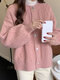 Plus Size Solid Cable Knit Button Dropped Shoulder Cardigan - Pink