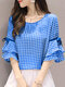 Plaid Knotted Patchwork Ruffle Sleeve Round Neck Blouse - Blue