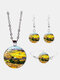 3 Pcs Ldyllic Scenery Men Women Jewelry Set Printed Adjustable Glass Necklace Earrings Bracelet - #04