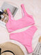 Women Solid Color Texture Wide Straps T-Shirt Bikinis Swimsuit - Pink
