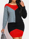 Contrast Color Long Sleeve O-neck Casual Sweater Dress - Red