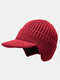 Men Acrylic Knitted Thickened Jacquard Solid Color Striped Ear Protection Warmth Baseball Cap - Wine Red