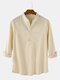 Mens Solid Color Cotton Linen Casual Long Sleeve Split Hem Henley Shirts - Khaki