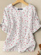 Allover Floral Print Button Front Half Sleeve Casual Blouse - White