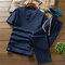 men's linen short-sleeved suit cotton and linen lay clothing casual Zen work tea service two-piece - Navy