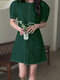 فستان كاجوال بأكمام قصيرة وياقة دائرية متباين - أخضر