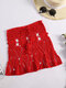 Solid Knit Crochet Hollow Knotted Beachwear Mini Skirt - Red