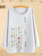 Floral Embroidery Button O-neck Long Sleeve Blouse - White
