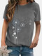 Crew Neck Casual Flower Print Short Sleeve T-shirt For Women - Grey