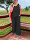 Einfarbige Damen-Hose mit Rundhalsausschnitt, ärmellos und weitem Bein, Kombiteil - Schwarz