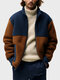 Mens Two Tone Patchwork Stand Collar Zip Front Fleece Jacket Winter - Brown