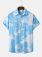 Mens Cloud Sky Print Button Up Lapel Short Sleeve Shirts - Blue