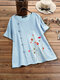 Flower Embroidered Frog Button Short Sleeve T-shirt For Women - Sky Blue