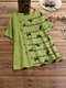 Cartoon Cat Note Print Frog Button Short Sleeve T-shirt For Women - Green