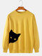 Mens Black Cat Print 100% Cotton Crew Neck Casual Pullover Sweatshirt - Yellow