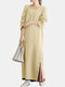 Solid Color Slit Hem Long Sleeves Casual Dresses for Women - Apricot