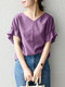 Einfarbige Bluse mit Rüschenärmeln und V-Ausschnitt für Damen - lila