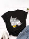 Cartoon Cat Printed O-neck Short Sleeve T-shirt - Black