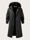 Plus Size Vintage Fleece Single Breasted Solid Pocket Hooded Coat - Black