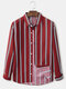 Mens Classical Striped Print Loose Casual Thin Lapel Long Sleeve Shirts - Red
