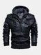 Mens Washed PU Leather Zip Up Pocket Detachable Hooded Elastic Hem Thick Jackets - Black