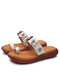 SOCOFY Leather Floral Round Toe Platform Flat Women's Flip Flop Sandals - White