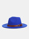 Unisex Woolen Felt Solid Color Buckle Strap Decoration Thicken Flat Brim Top Hat Fedora Hat - Royal Blue