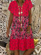 Ethnic Floral Print Patchwork Short Sleeve Dress For Women - Red