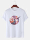 Mens Moon Astronaut Floral Print Casual Holiday Lapel T-Shirt - White