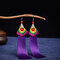 Ethnic Embroidery Flower Ceramics Beads Earrings Vintage Long Tassels Dangle Earrings for Women - Purple