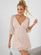 Solid Ruffle Hem V-neck 3/4 Sleeve Zip Casual Dress - Pink