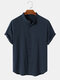 Mens Pure Color Stand Collar Cotton Short Sleeve Shirts - Navy