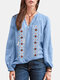 Casual Ethnic Pattern Embroidered V-neck Drawstring Blouse - Blue