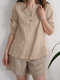 Solid Button Front Notch Neck Blouse For Women - Apricot