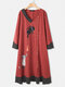 Cats Fish Print Dot Patchwork manica lunga con scollo a V Vintage Plus Size Dress - ruggine rossa