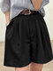 Pantalones cortos diarios de cintura alta y pierna ancha con pliegues sólidos - Negro