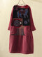 Vintage Print Patchwork Corduroy Plus Size Dress with Pockets - Wine Red