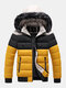 Mens Color Block Patchwork Thick Faux Fur Hooded Puffer Jacket With Pocket - Yellow