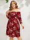 Plus Size Floral Print Off Shoulder Backless Mini Dress - Red
