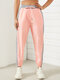 Striped Print Drawstring Pocket Sport Casual Pants for Women - Pink