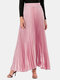 Solid Color Elastic Waist Long Pleated Skirt For Women - Pink