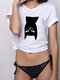 Crew Neck Cartoon Cat Print Short Sleeve Casual T-shirt - White