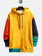Mens Cotton Patchwork Contrast Color Muff Pockets Hoodies - Yellow