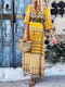 Bohemia Vintage Print Half Sleeves Casual Dress For Women - Yellow