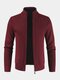 Mens Ribbed Knit Zip Front Stand Collar Cotton Solid Slant Pocket Cardigans - Red