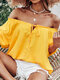 Solid Tie Front Button Off Shoulder Loose Blouse - Yellow